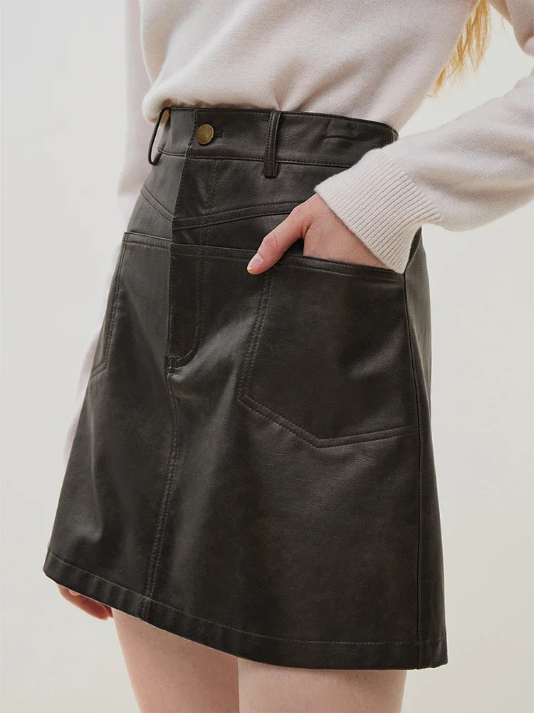 FSLE Coffee Colored Leather Skirt A-line Half Length Skirt For Women 2023 New Autumn Winter High Waisted Short Skirt For Women