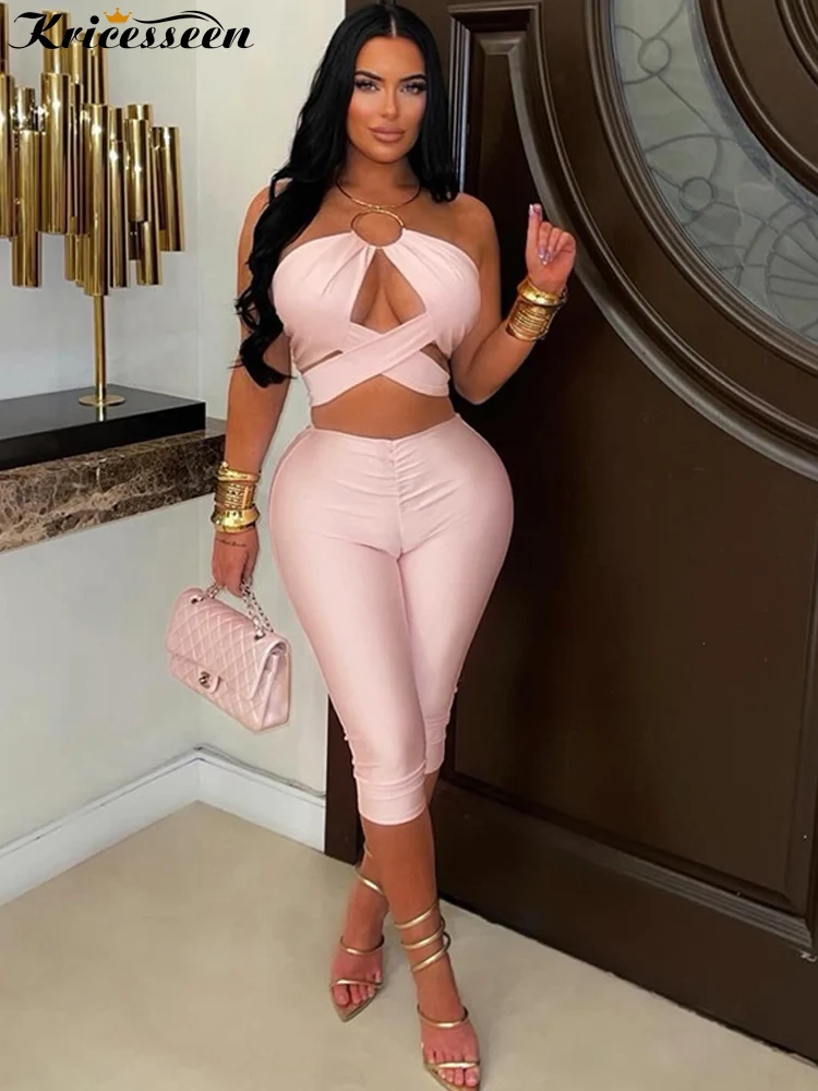 

Kricesseen Sexy Two Piece Set Women Club Outfits Festival Clothes Pink Halter Cross Crop Top+Ruched Capris Leggings Set Clubwear