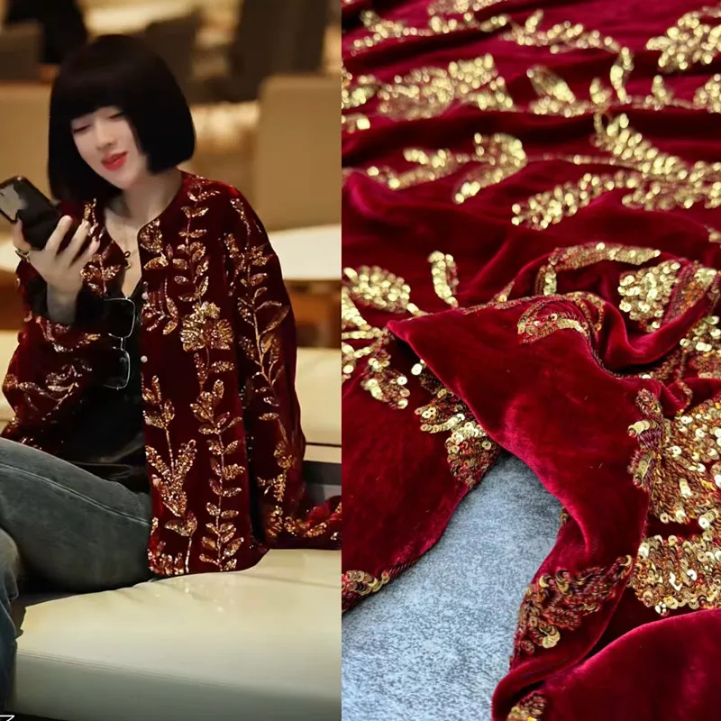 New Red Twisted Branch Flower Heavy Industry Embroidery Silk Velvet Fabric New Chinese Style National Coat Vest Dress Fabric