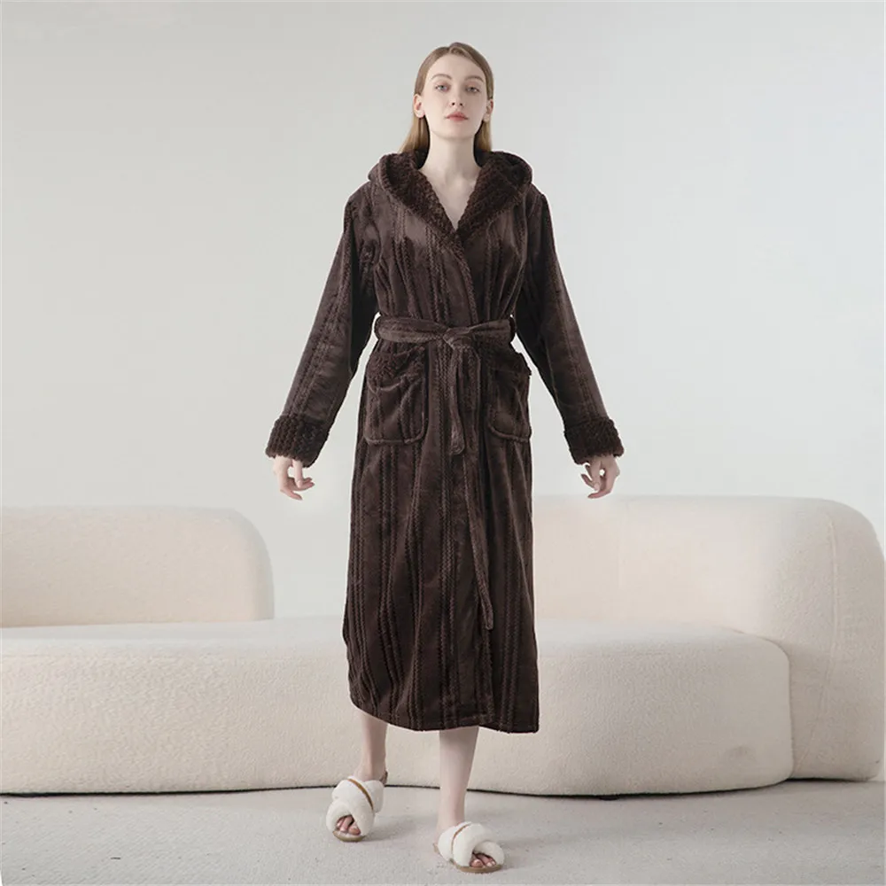 Winter Thicken Warm Men Women Hooded Nightwear Bathrobe Autumn Couple Flannel Long Robe Sleepwear Loose Coral Fleece Homewear