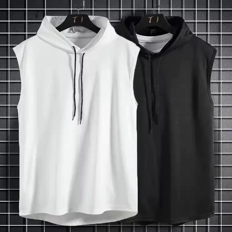 Men Tie Collar Hooded Sleeveless Vests Male Summer Loose Solid Hip Hop Tee Shirt Tops