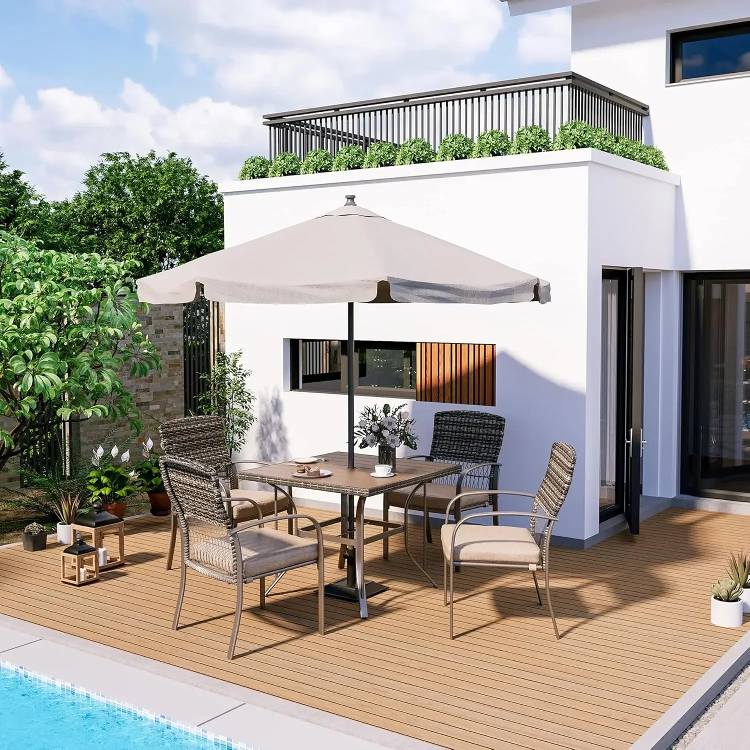 Outdoor Piece Patio Dining Set, Weather Resistant PE Rattan Table Comfortable Cushions, Easy Maintenance, 5 PCS, Beige