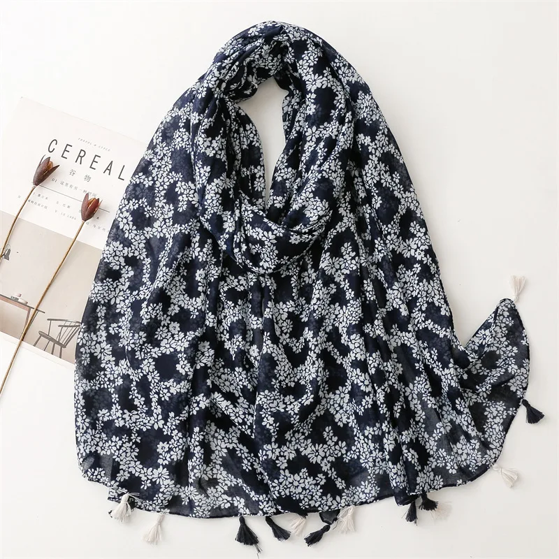 KYQIAO Vintage scarfs luxury brand designer long navy blue print hijab scarf women 2024 muslim hijab vintage winter accessories