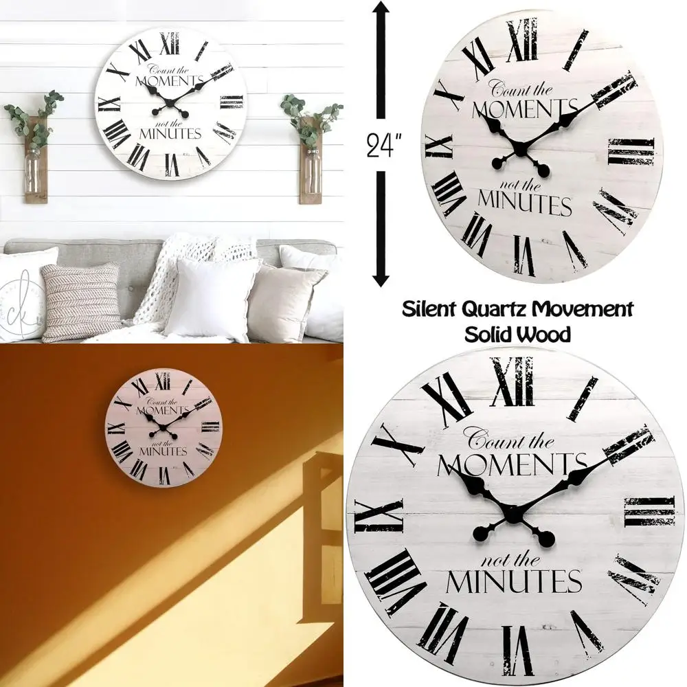 

24 White Distressed Wooden Farmhouse Wall Clock with Silent Quartz Movement for Indoor Inspirational Decor