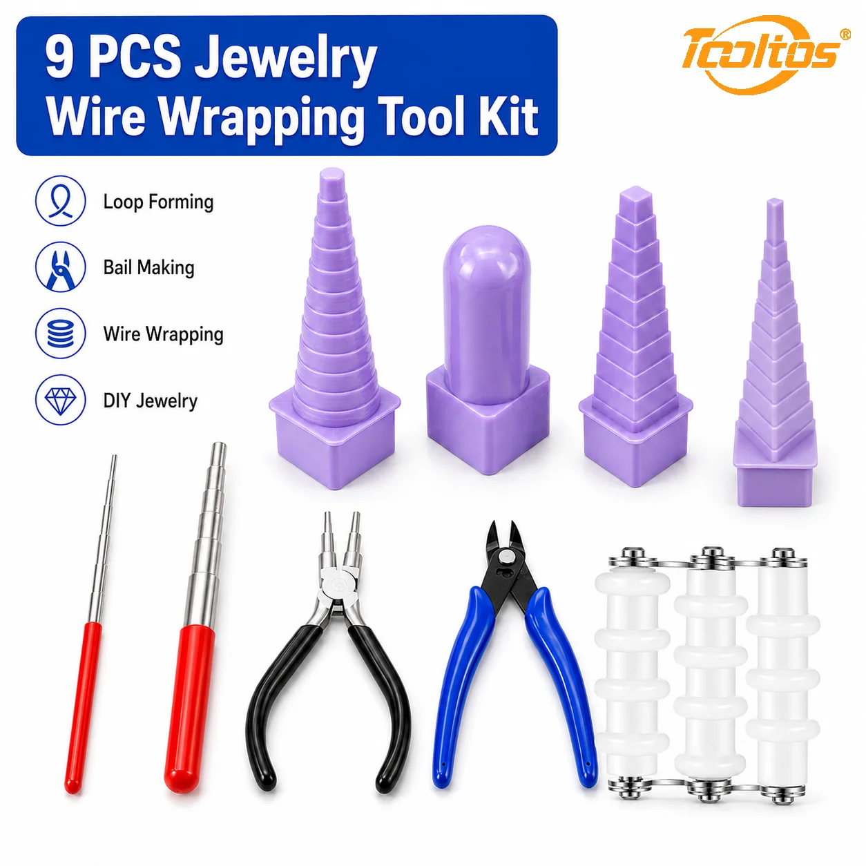TOOLTOS 9PCS Wire Wrapping Tool Kit 6-Step Bail Making Pliers Looping Mandrels Wire Straightener Forming Tools for Jewelry Making DIY Craft