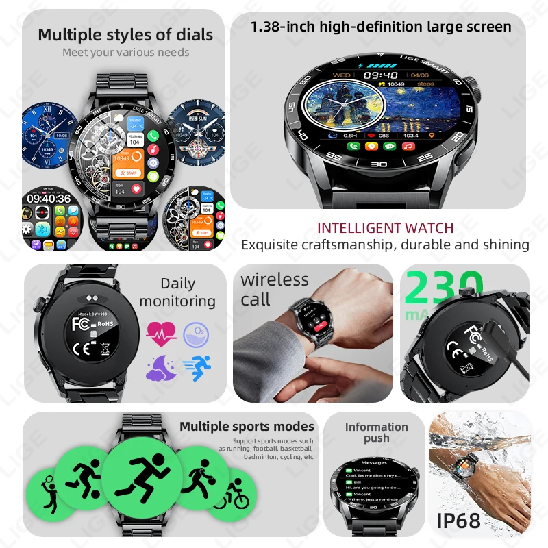 LIGE 2026 ساعة ذكية للرجال 1.38 "HD شاشة بلوتوث دعوة Smartwatch النساء مراقب معدل ضربات القلب مقاوم للماء الرياضة اللياقة البدنية الساعات جديد #2