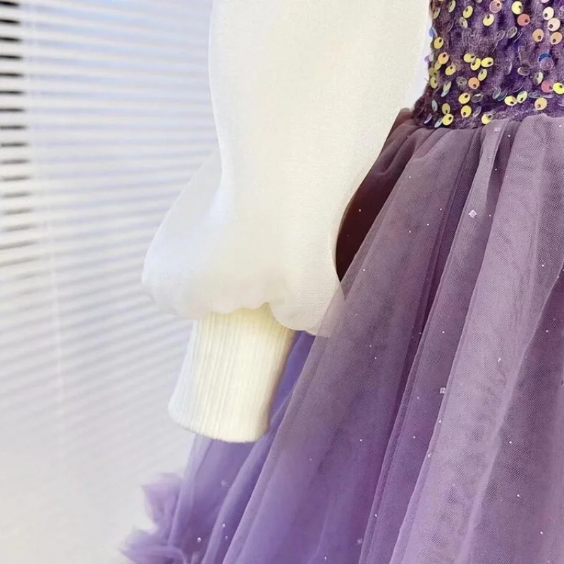 Dress Girls\' Spring and Autumn2024Dress New Children\'s Birthday Sequined Fashionable Fleece-Lined Gauze Dress Princess Convex Sk