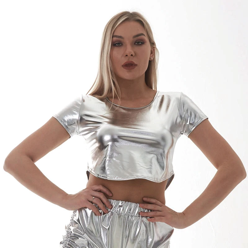 Sexy Short Sleeved Women Metallic Hip Hop Jazz Crop Top Street Dance Costumes Holographic Clothes Pole Dance Festival Party Club