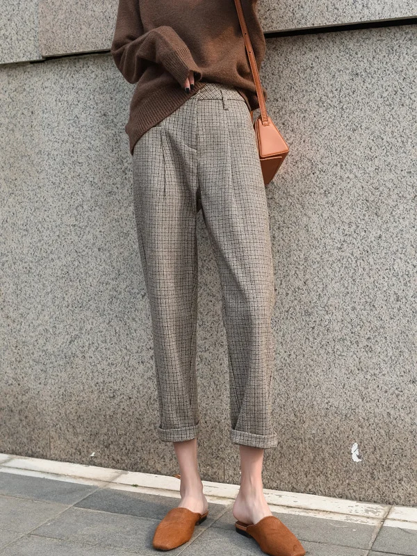 Calças Harem de Cintura Alta Femininas em Lã Xadrez, Calças Casuais Estilo Coreano para Outono e Inverno