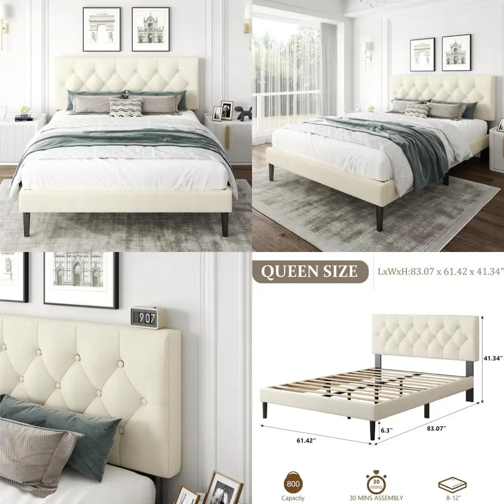 

Upholstered Queen Platform Bed with Button Tufted Headboard, Wooden Slats, No Box Spring Required, Easy Assembly