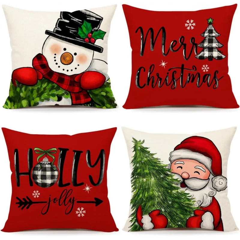 

Red Christmas Pillowcase 18x18, Set of 4 Christmas Decorations Snowman Santa Claus Joyful Home Sofa Cushion Cover