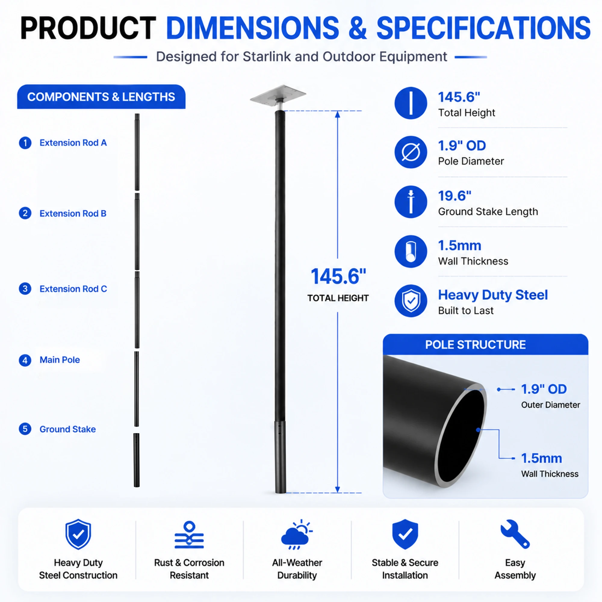Heavy Duty Galvanized Steel Starlink Mounting Pole 12FT with Bottom Fixed Bracket, 1.9
