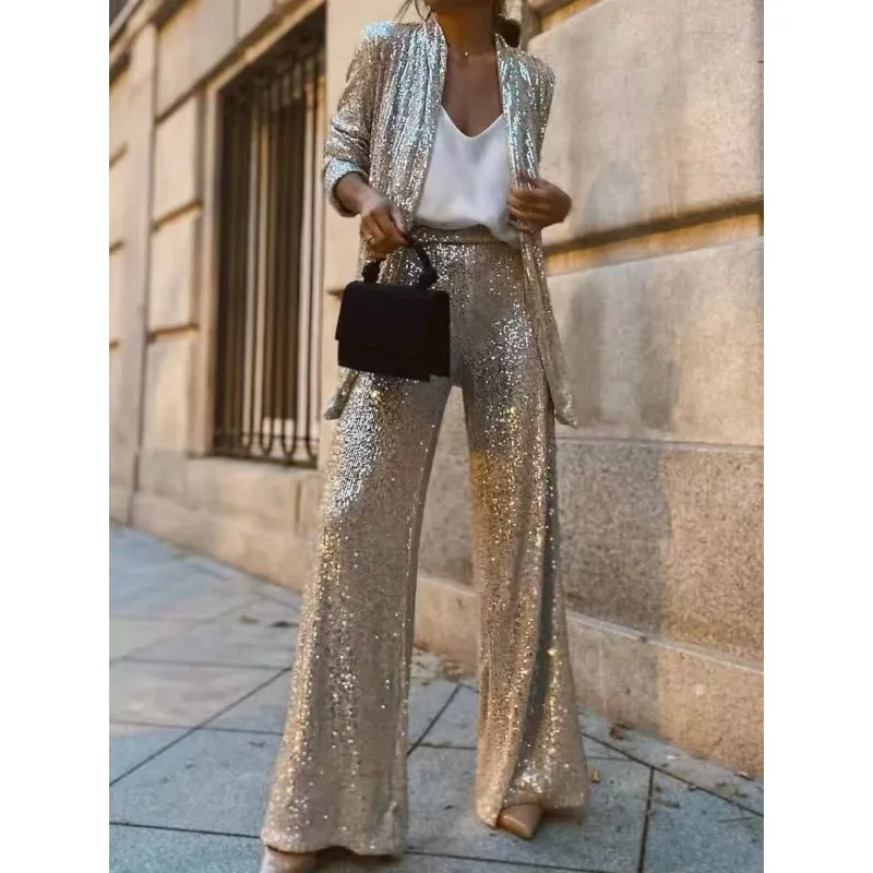 TRAF ZR High Street Elegant Women's Pants 2024 Sets Sequins Two-piece Set Groups of Pant Women's Tracksuit Y2k Pants Suit