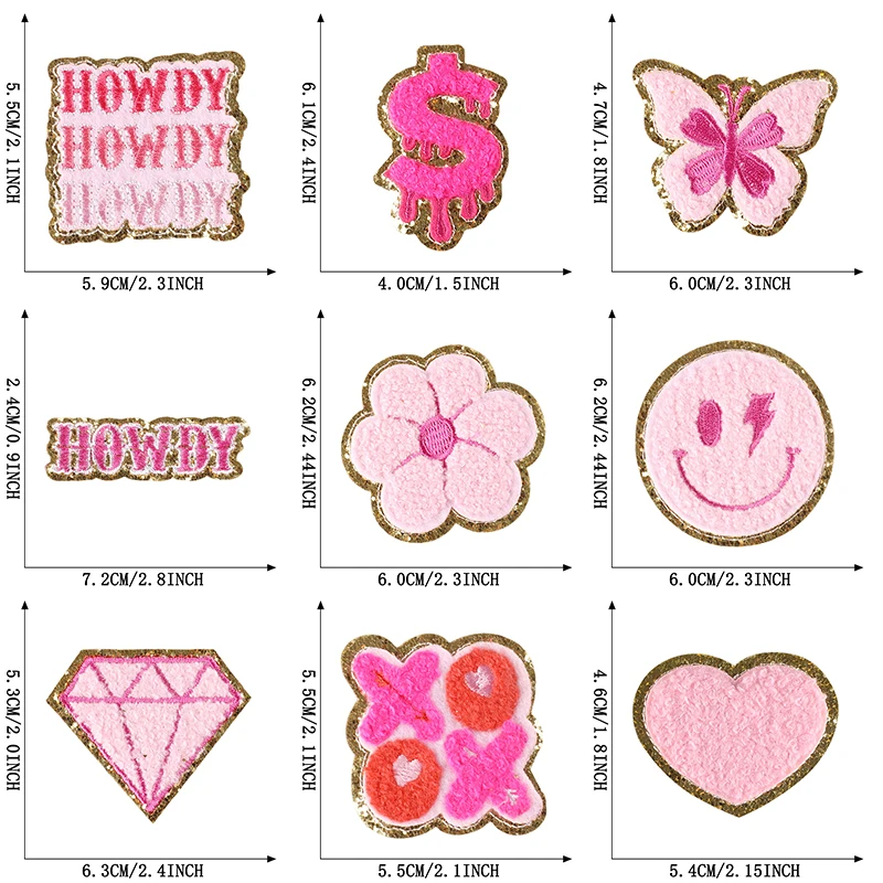 11 teile/los Chenille Nette Nähen Eisen Auf Patches Für Kleidung Gestickte gemischte Jacke Kinder Aufkleber Rosa Herz Applikationen Glitter diy – Detail 2