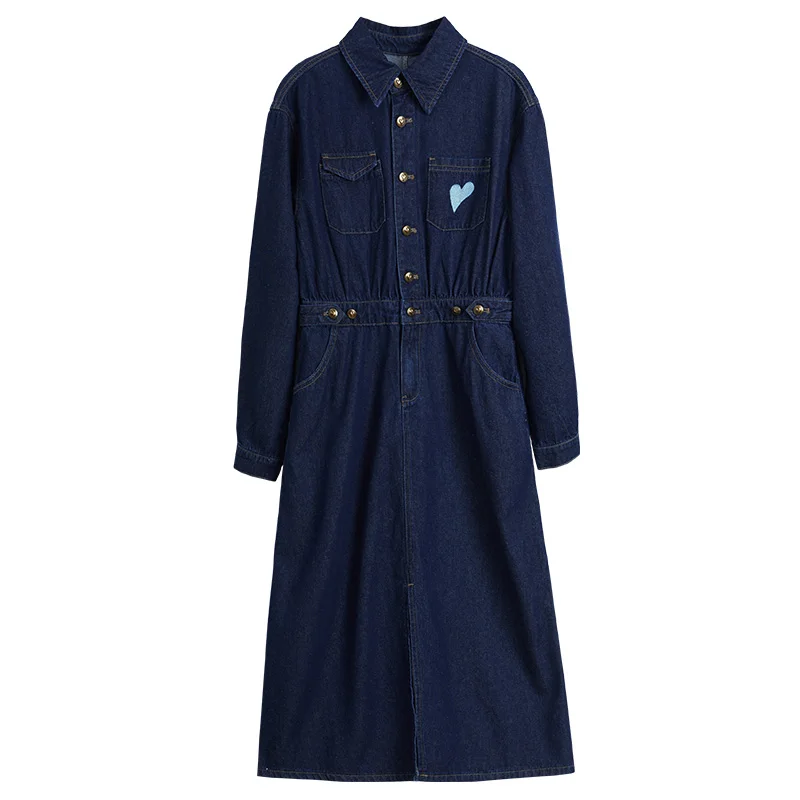 OLrain Francese Blu Denim Abito Lungo da Donna Inizio Autunno 2025 Vintage Ricamato Risvolto Camicia di Jeans Abiti da Donna O23QL85502