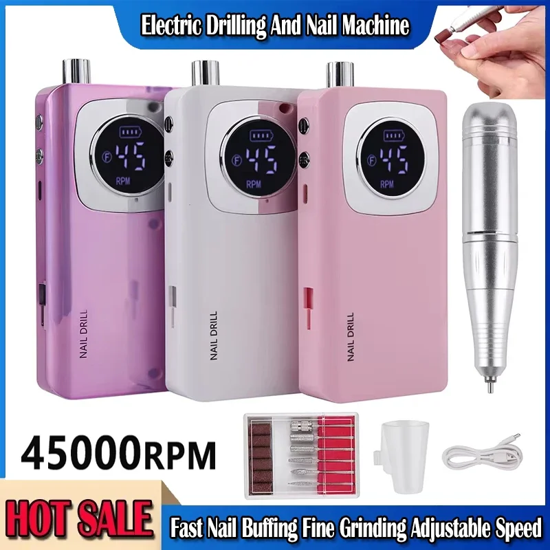 

High Speed 45000RPM Rechargeable Nail Drill Machine with LCD Low Noise Professional Nail Polish Sander Nails Accessories Set