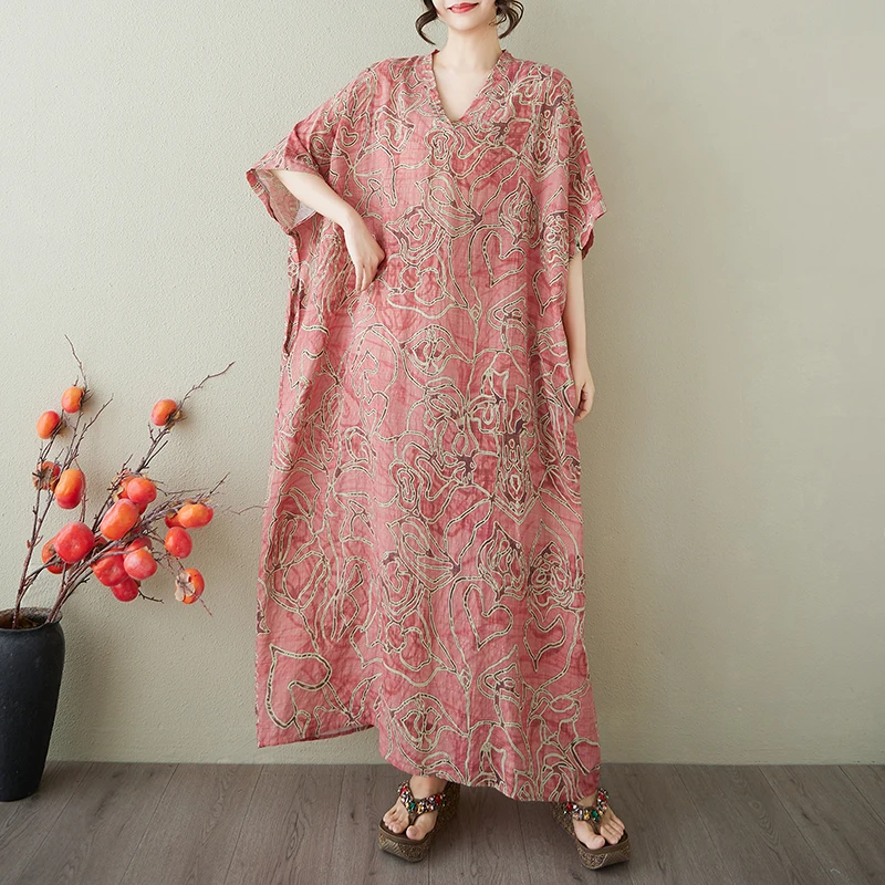 Abito estivo da donna stampato in misto lino stile arabo mezze maniche abiti lunghi larghi casual abito Boho da vacanza al mare di grandi dimensioni