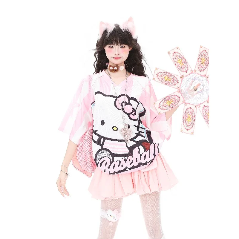 Miniso Cute Cartoon American Retro Street Handsome Sweet Cool Printed Baseball Shirt Summer New for Men and Women