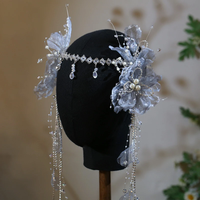 gray-blue gauze pearl fringed hairpin headgear forehead necklace set bridal wedding hair accessories