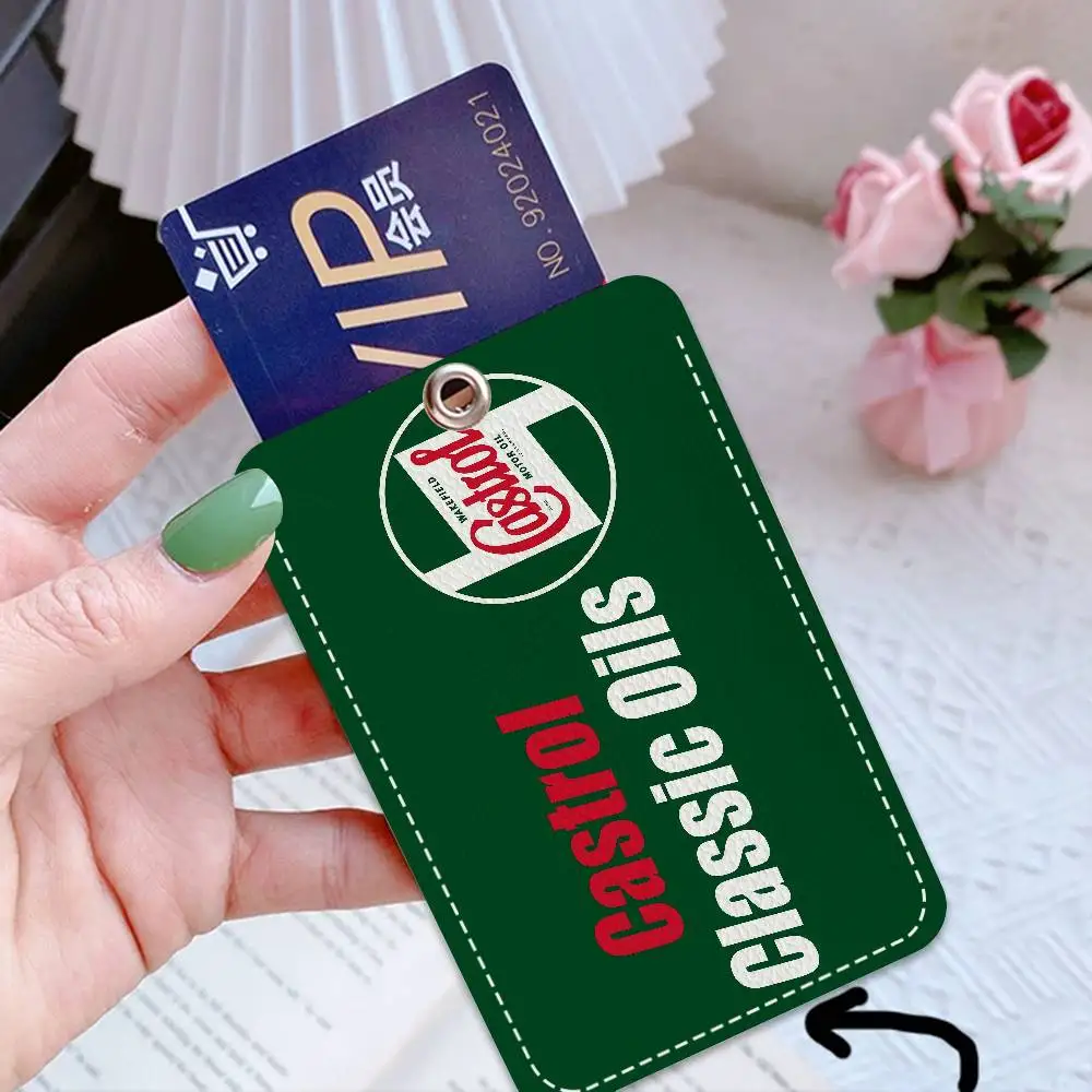 C-Castrol Logo 1Pc PU Leather Card Holder Keychain Key Ring Door Lock Access Tags ID Card Case Keychain Card