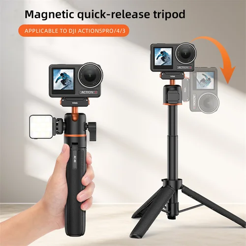 Trípode de cámara magnético VRIG de 54cm para DJI Action 3/4/5 Pro, trípode de liberación rápida con luz de micrófono y cabezal de bola 360 y zapato frío