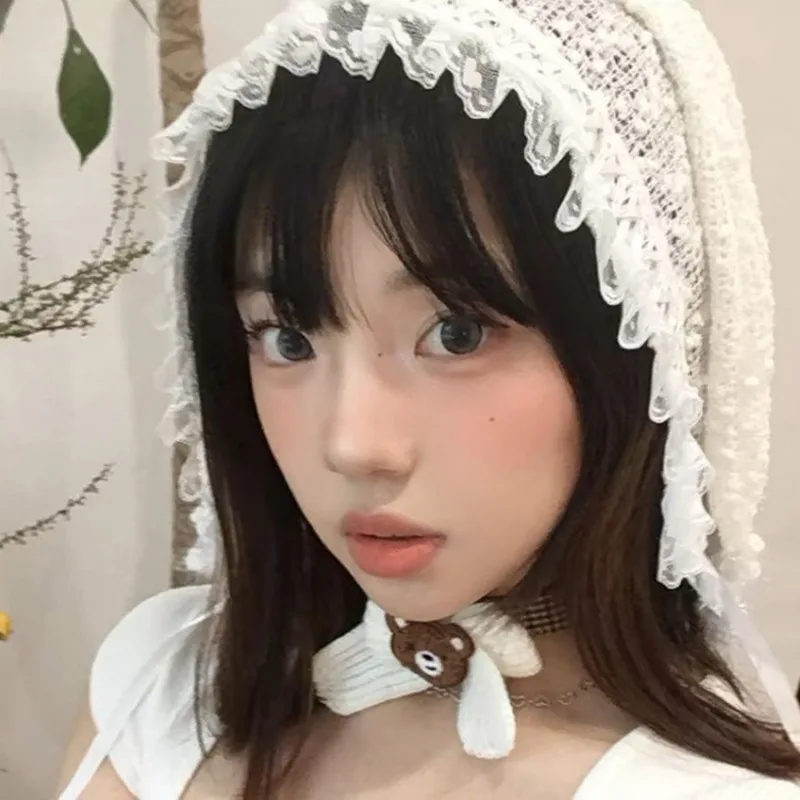 Korean Version Niche White Rabbit Ear Knitted Hat Women Summer Thin Sweet Cute Girl Snowflake Decorative Lace Headscarf Hats