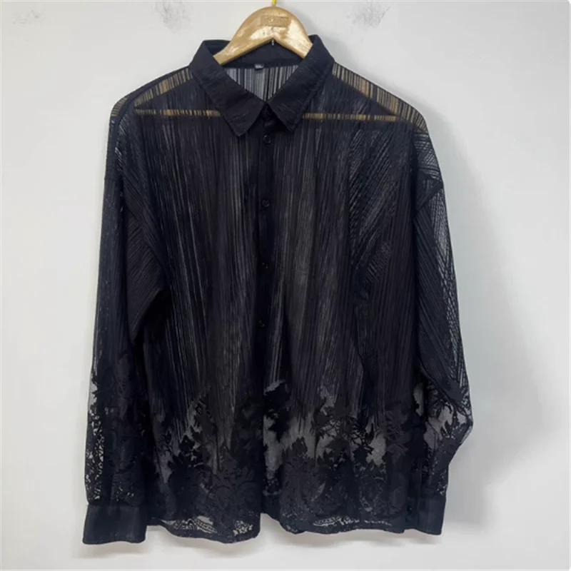 

2025 Black sexy see-through positioning floral lace ultra-loose large-sized sun-protective layering original designer men's shir