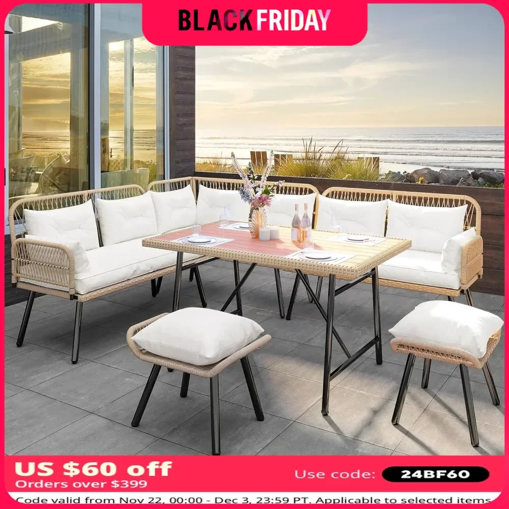 Outdoor Tables L-Shaped, All-Weather Rattan Outdoor Conversation Sofa  for Backyard Deck with Cushions, Picnic Tables