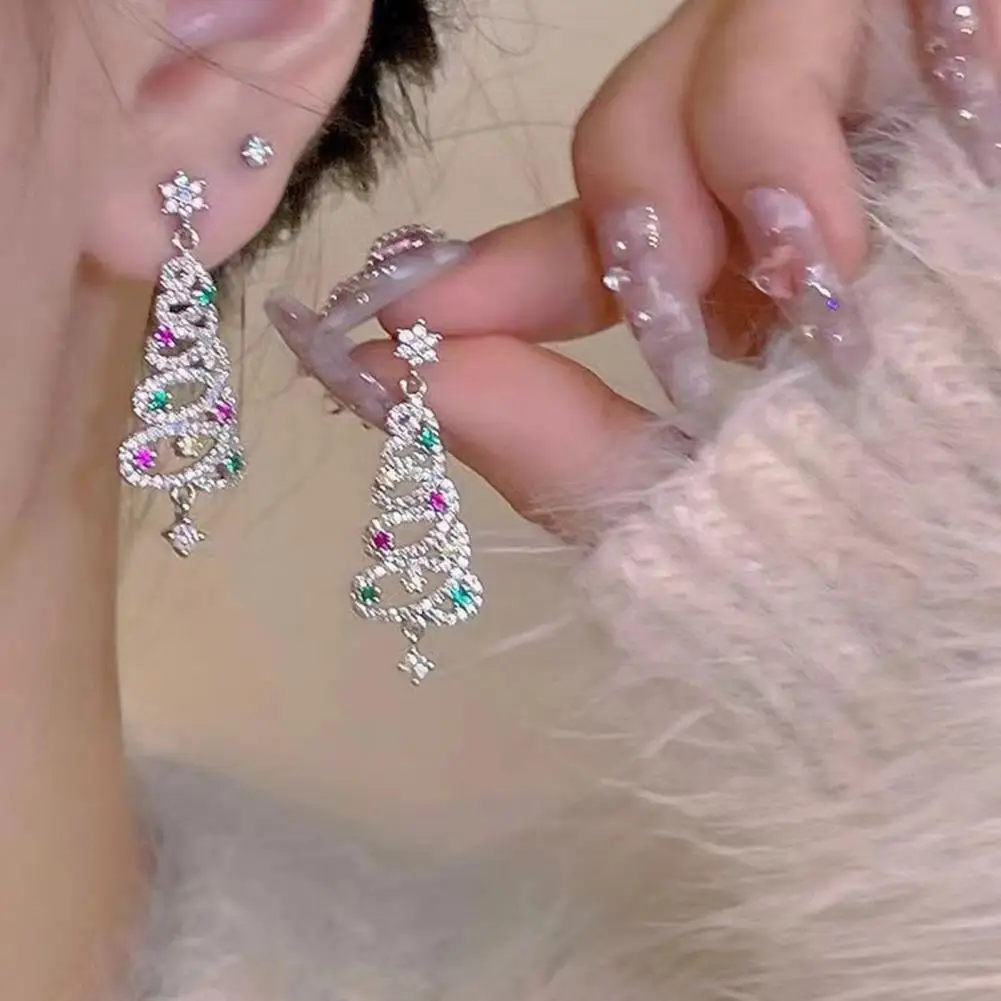 

1 Pair Women Earrings Christmas Tree Shape Ear Jewelry Cubic Zirconia Decor Hanging Earrings New Year Party Dangling Earrings