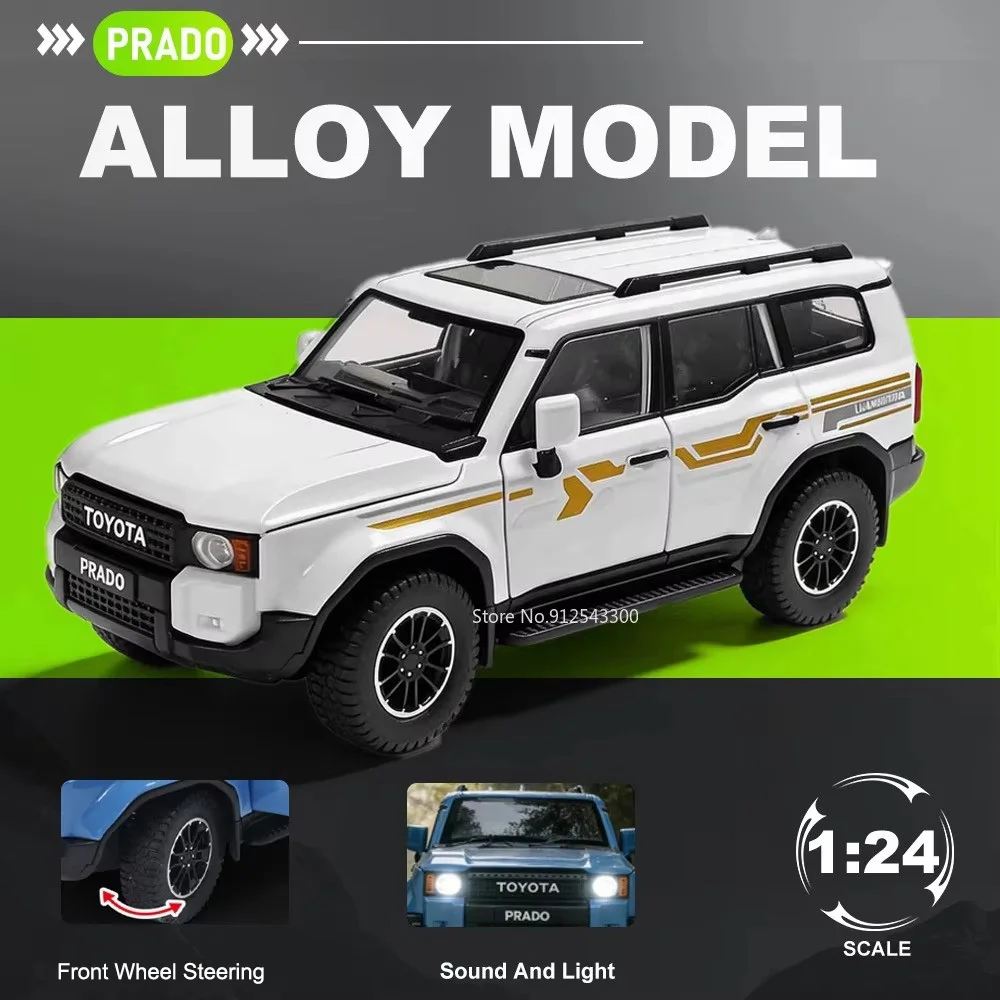 

Масштабная модель автомобиля PRADO 1:24, игрушка со звуком и светом, откатным механизмом, амортизацией, металлическим корпусом, для детей, подарок для хобби