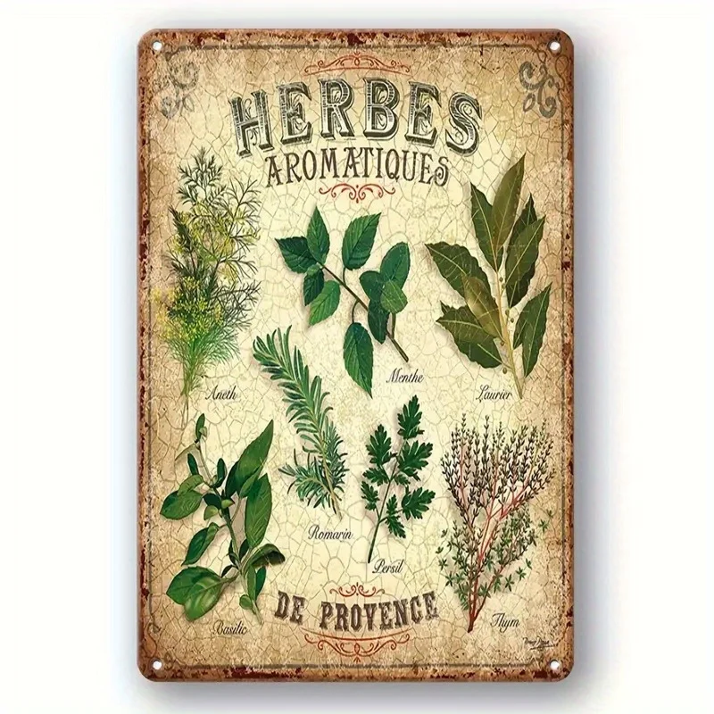 Vintage French Provence Herb Metal Wall Art - Rustic Tin Kitchen Decor Sign with Botanical Illustrations, Perfect for Home,
