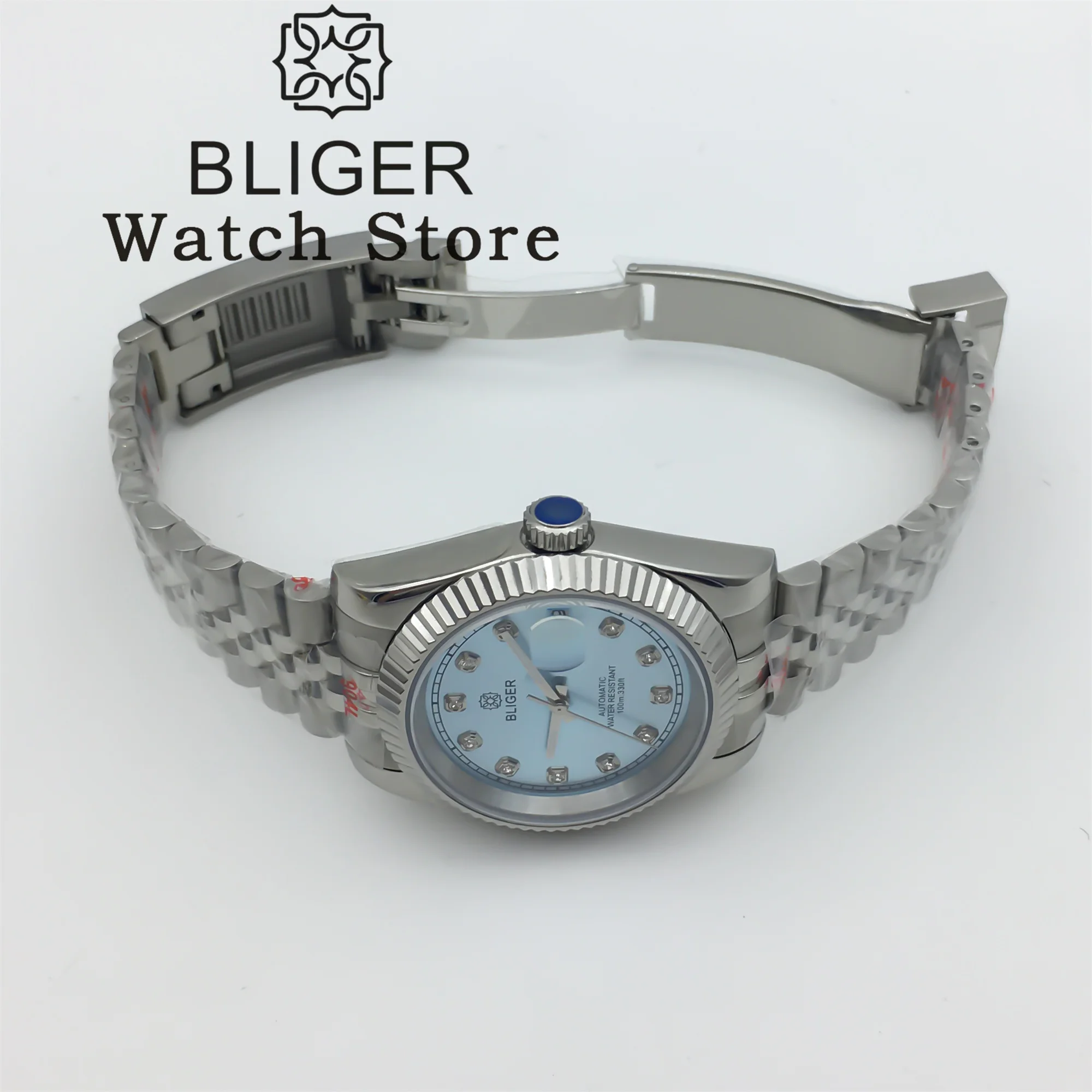 BLIGER 남성용 사파이어 오토매틱 스틸 손목시계, 스카이 블루 선버스트 다이얼, 다이아몬드 마크, 발광 날짜, NH35A, 36mm, 39mm
