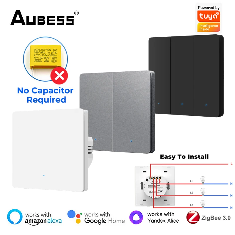 

Aubess ZigBee Smart Switch No Neutral Wire Need Smart Light Switch Tuya Smart Life APP Works With Alexa Google Home Yandex