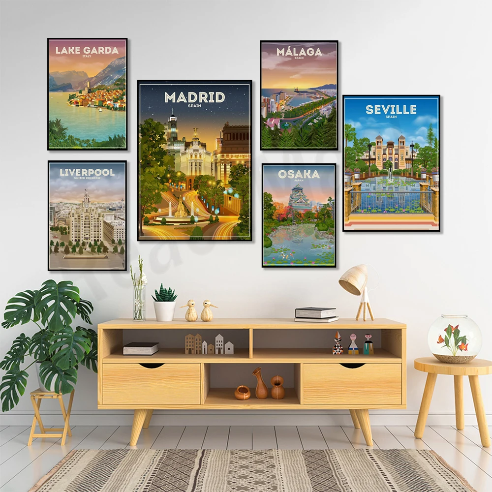 Japan, Liverpool, Madrid, Lake Garda, Manarola, Koh Samui Thailand, Mykonos, Spain, Seville, Germany Frankfurt travel poster