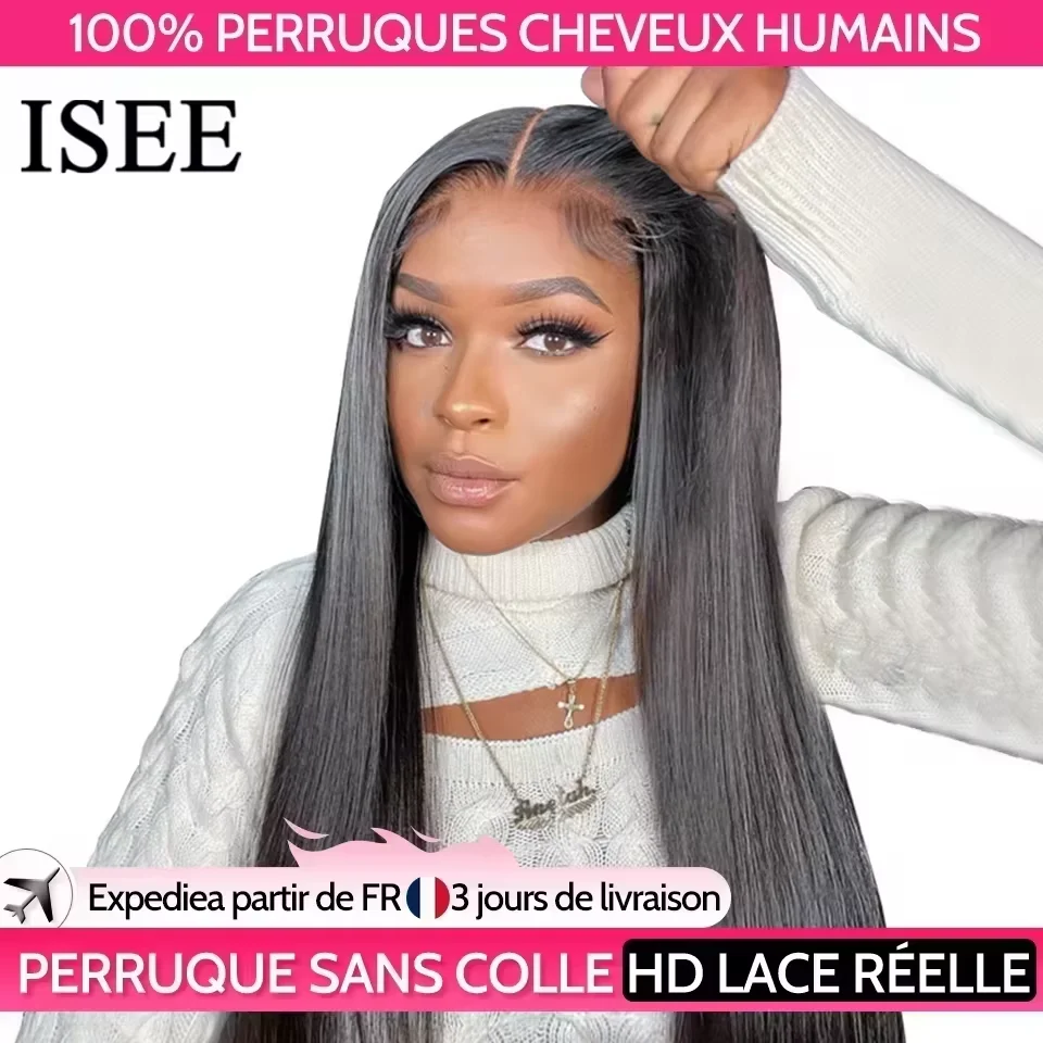 ISEE cheveux sans colle perruques cheveux humains prêt à porter droite sans colle pré-plumée porter et Go perruques 7x5HD dentelle avant perruques pré-coupées dentelle