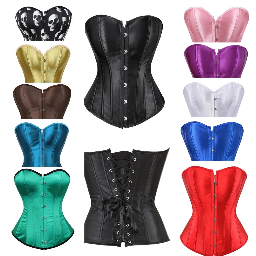 Espartilho Feminino Cetim Sexy Plus Size Bustier Gótico Lace Up Desossado Gorset Top Shapewear Clássico Clubwear Festa Clube Noite Corselet