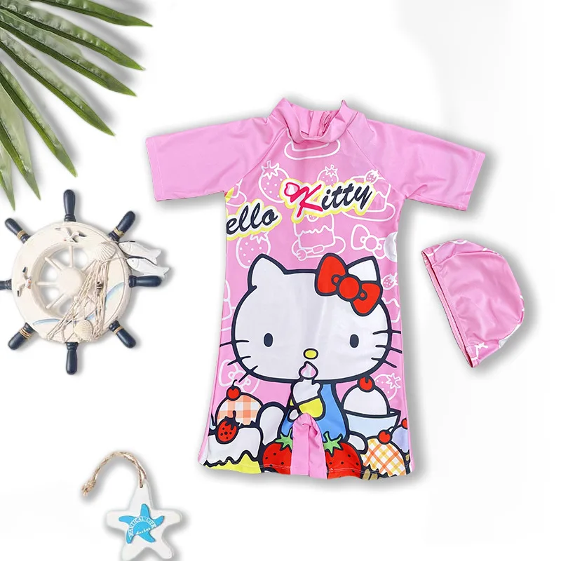 Miniso Hello Kitty Child Bikini Girls Swimwear Kid One-Piece Swimsuit Cute 2-6Y Kindergarten Bathing Dress Students Swimming Cap