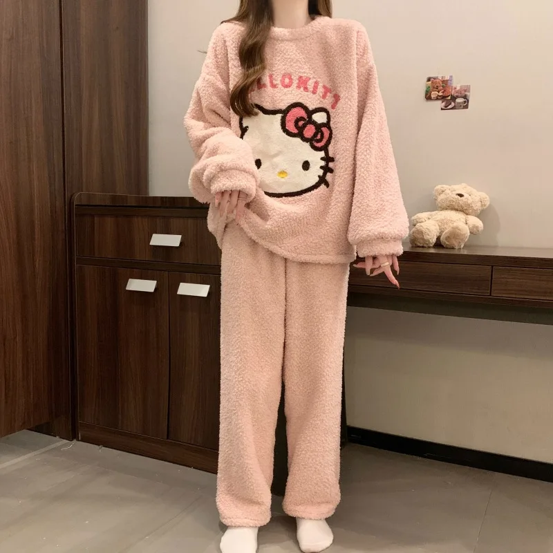 

Sanrio Hello Kitty Lamb Wool Fleece Pajamas Set Girl Kitty Autumn and Winter Thickened Velvet Warm Home Clothes Set Gift Toys