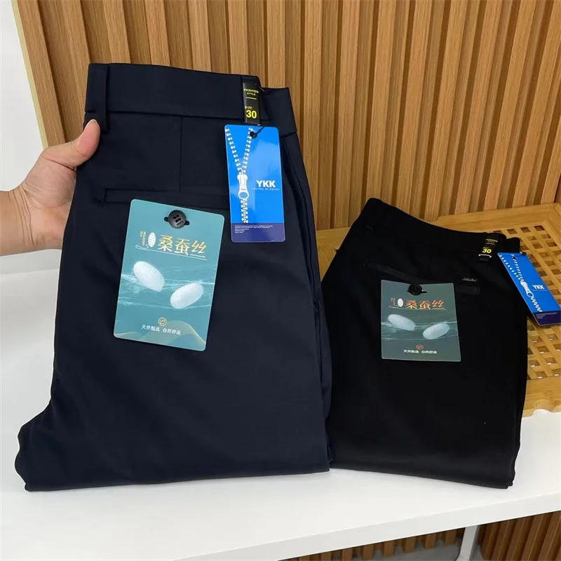 

High Quali Silk Straight Leg Casual Pants for Men Anti Wrinkle Busin Trousers Autumn Winter Bla Gold President Series