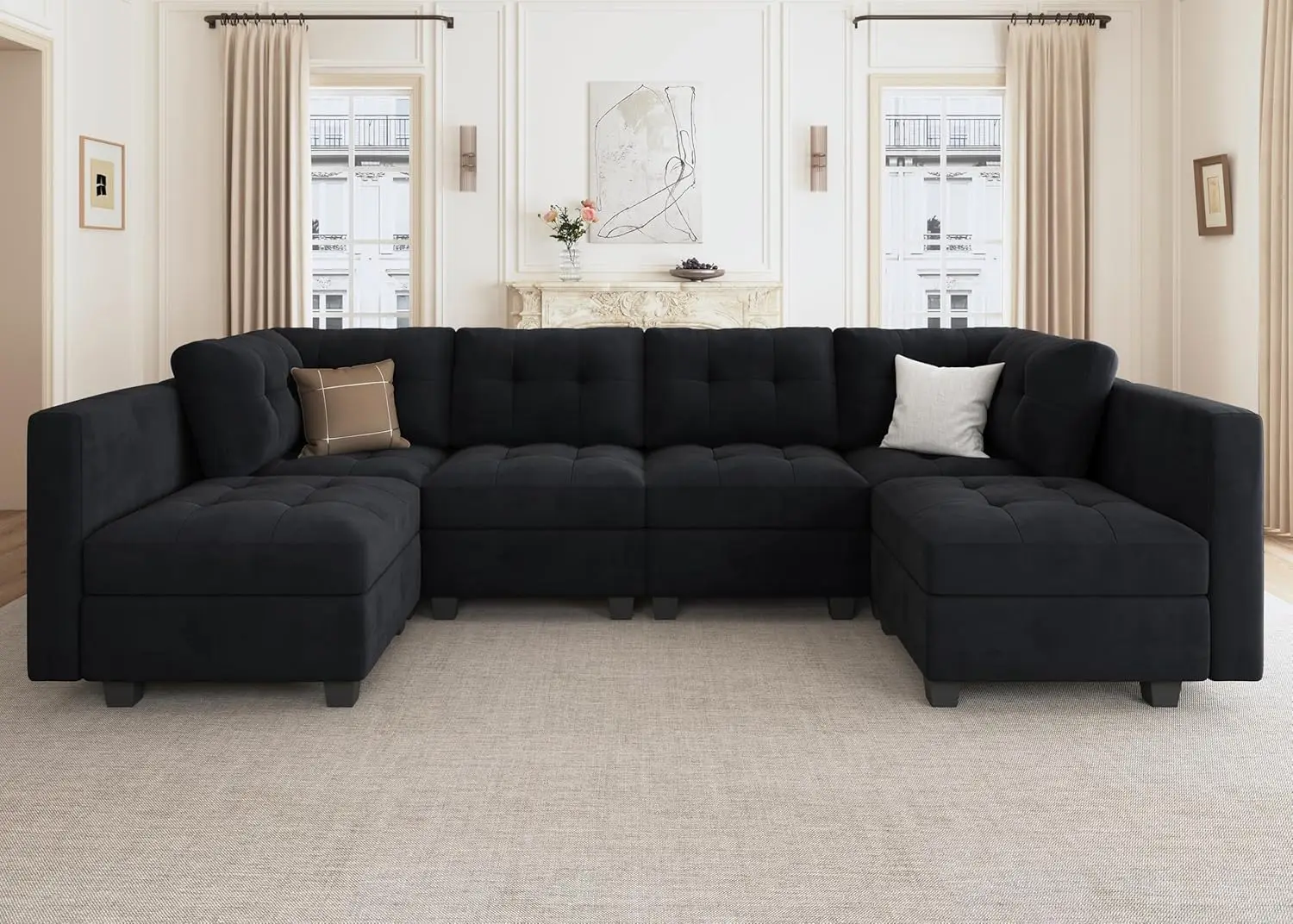 

Modular Sectional Sofa Velvet U Shaped Couch with Double Chaises 6 Seater Sectional Sofa with Storage