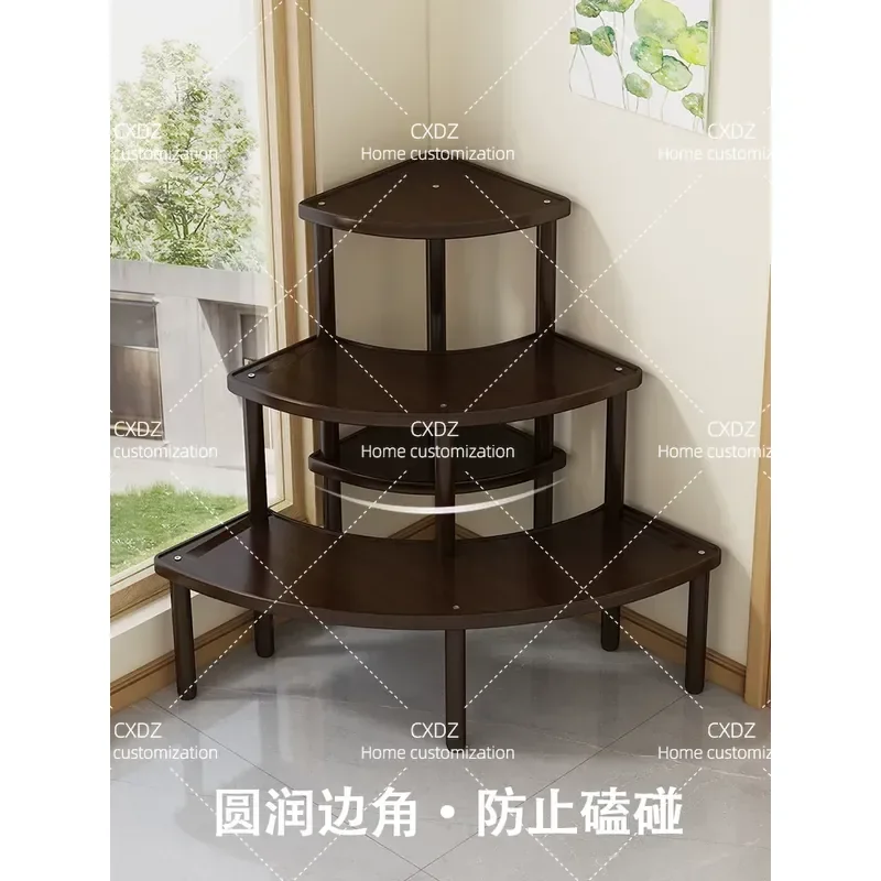 Solid Wood Flower Stand Floor to Ceiling Curved Ladder Shelf Indoor Green Dill Succulent Display Rack Potted Plant Holder