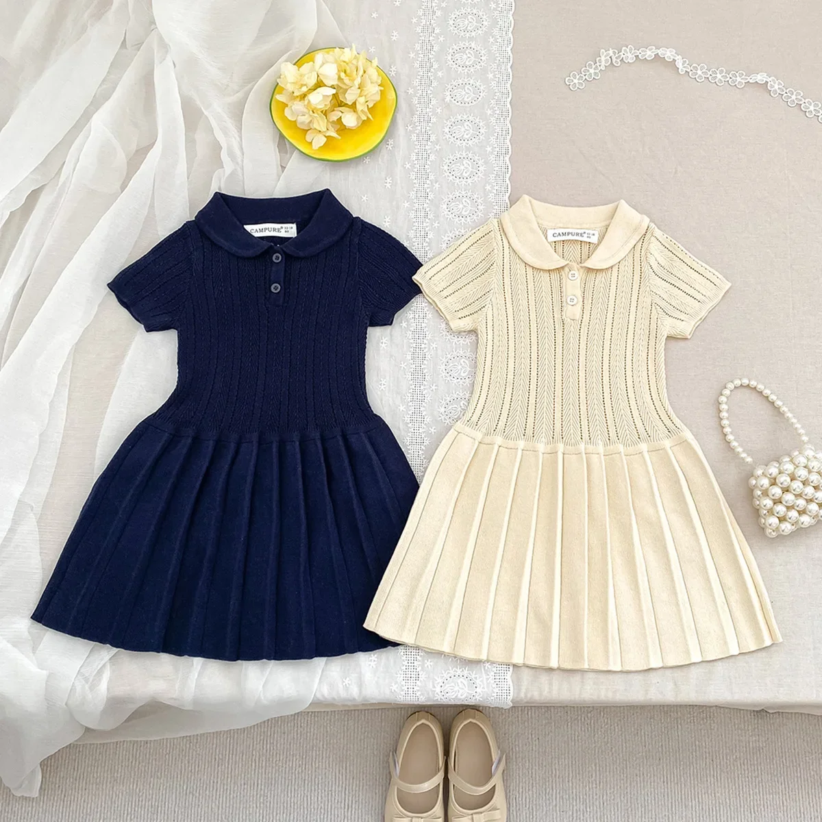 

1-5Y Kids Girl Dress Cotton Preppy Style Knitted Short Sleeve Pleated Dress Children Knit Dress Casual Fashion Outfit Clothes