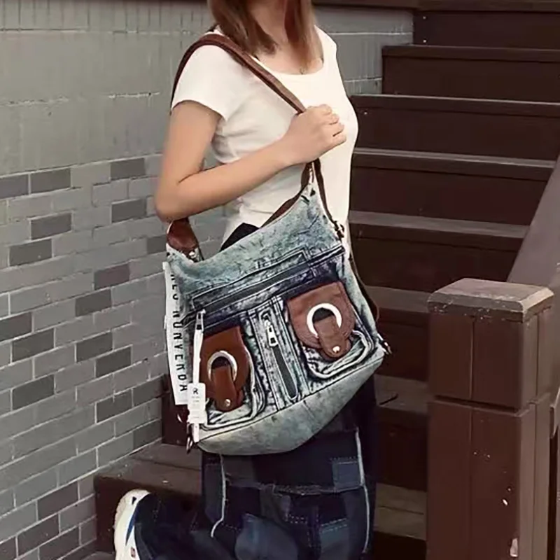 2025 Casual Vintage Large Capacity denim  Jeans Cowboy Bag for women's  Multiple backpack styles with diagonal cross Female bag