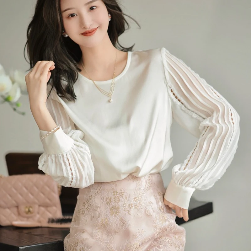 

White Shirt Women Tops 2024 New Elegant Office Lady Blouse Fashion Hollow Out Long Puff Sleeve Shirts Casual Loose Clothes 28938