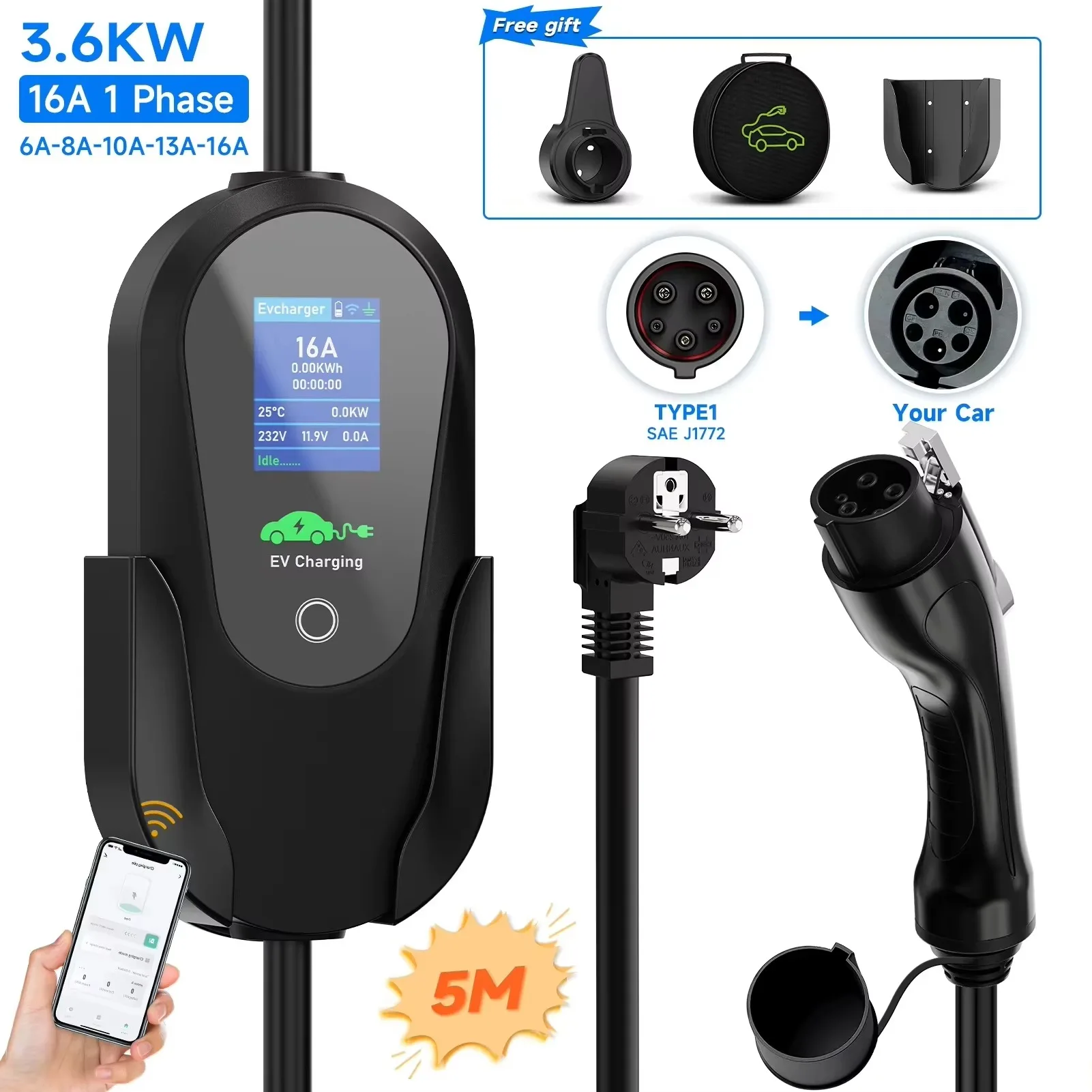AFEEV Type 2 draagbare EV-oplader 3,6 kW 16A 1 fase Wallbox Type1/GBT EVSE snellaadkabel EU-stekker WiFi APP Bluetooth-bediening