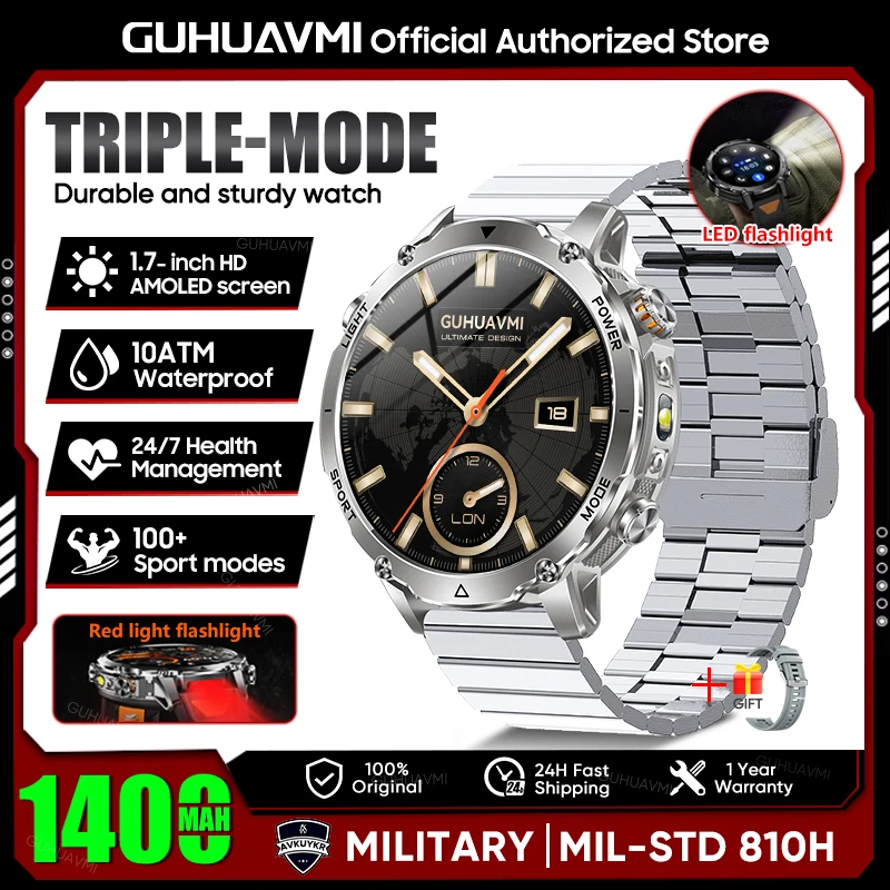 2026 Neue TANK Ultra 1400mAh Batterie Militär-Smartwatch 10ATM Wasserdicht Herzfrequenz Taktische LED-Taschenlampe Herren Sportarmband