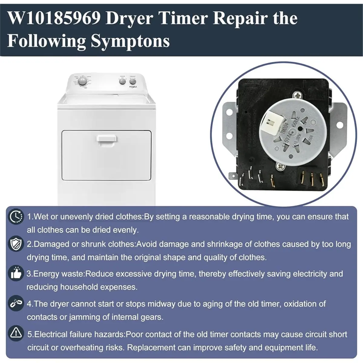 W10185969 WPW10185969 Temporizador de secadora para Estate EGD4400WQ0, EGD4400WQ1, para 7MMGP0035WQ0, para WGD5000VQ1