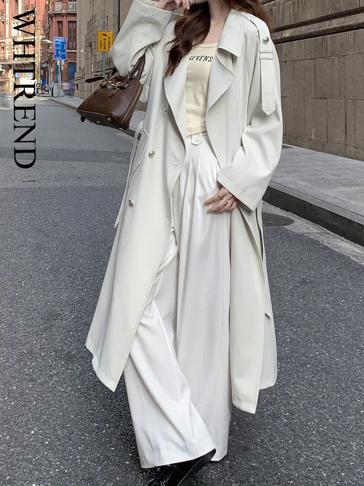 

WHTREND 2022, осенний новый длинный плащ с лацканами, двубортный, большой размер, модная ветровка, офисные женские пальто WH1409