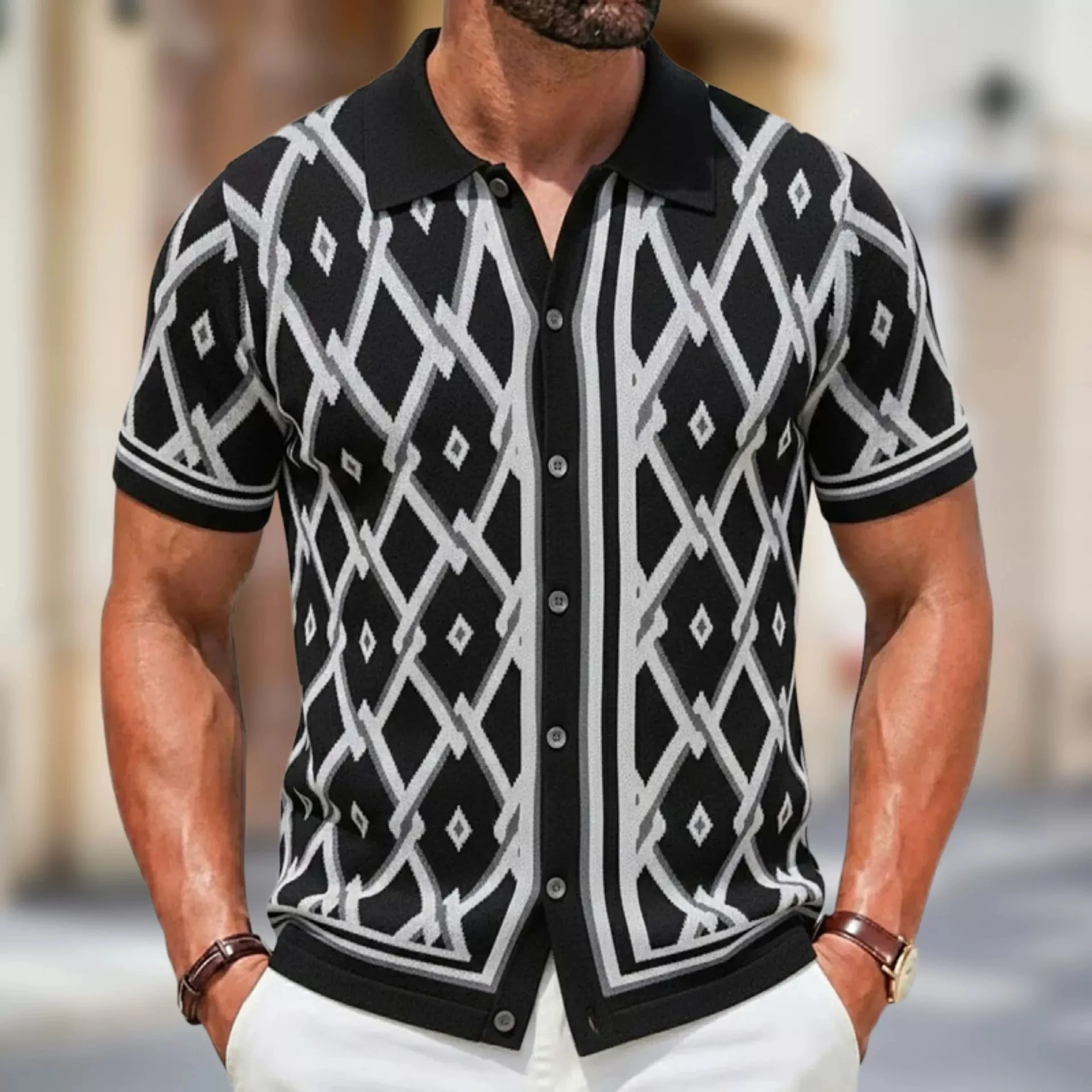 

Мужская европейская и американская мужская рубашка-поло, летний новый элегантный и модный жаккардовый вязаный кардиган с короткими рукавами