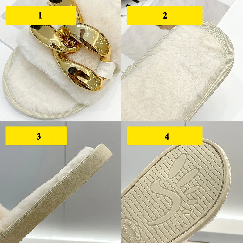 Plush Slippers Winter Women Faux Fur Chain Slip On Flats Female Warm Comfort Outdoor Home Open Toe Fashion Cotton Slippers